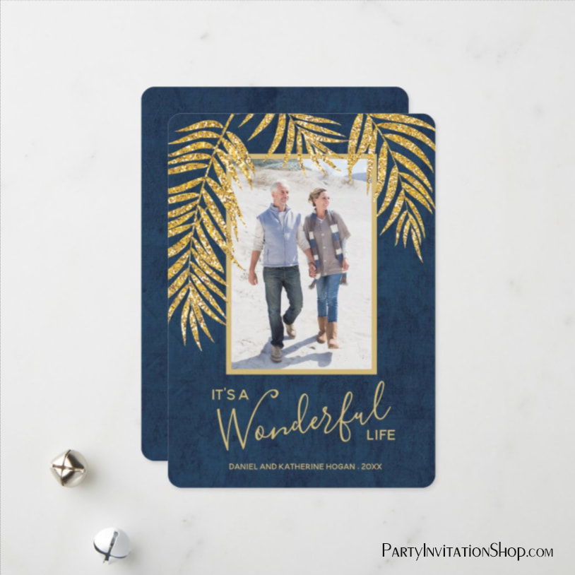 Denim Blue and Gold Glitter Palm Fronds Christmas Photo Holiday Cards