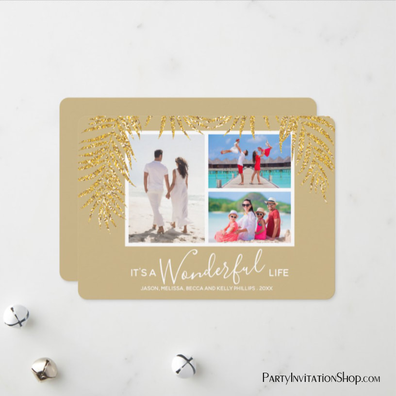 Gold Glitter Palm Fronds on Gold Christmas Photo Holiday Cards