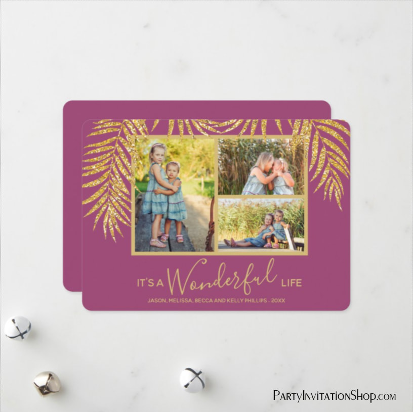 Gold Glitter Palm Fronds on Raspberry Pink Christmas Photo Holiday Cards