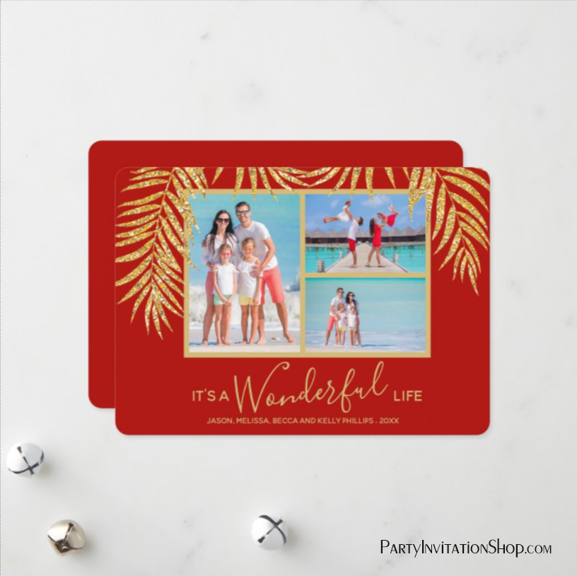 Gold Glitter Palm Fronds on Red Christmas Photo Holiday Cards